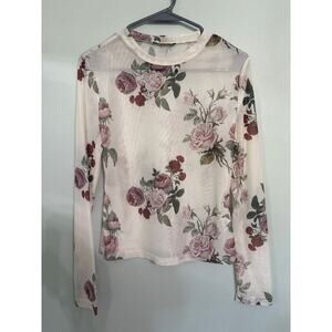 SHEIN Floral Mesh Long Sleeve Top | Sheer Rose Print | Size L (US 8/10)